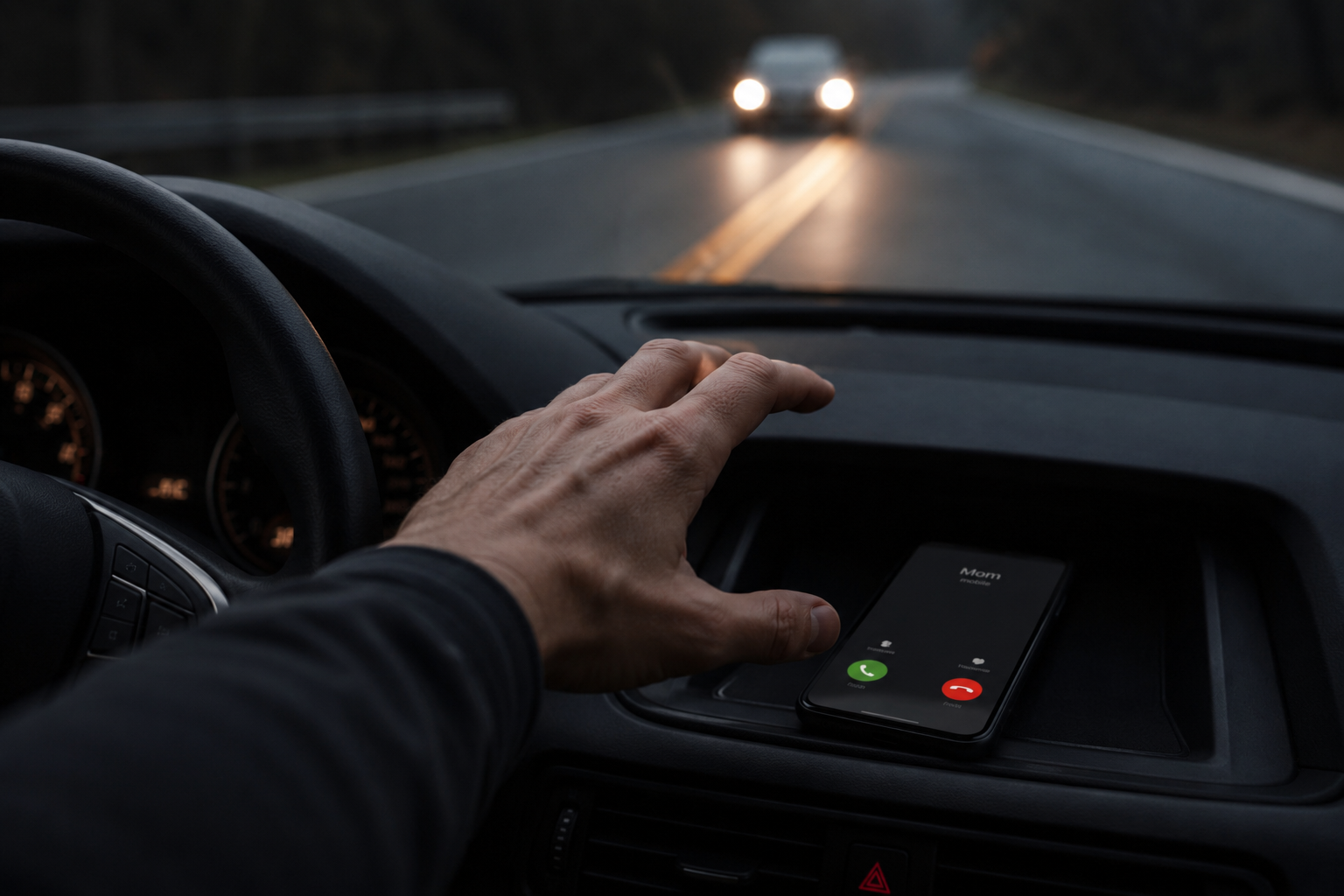 Driver reaching for a ringing phone while driving at dusk